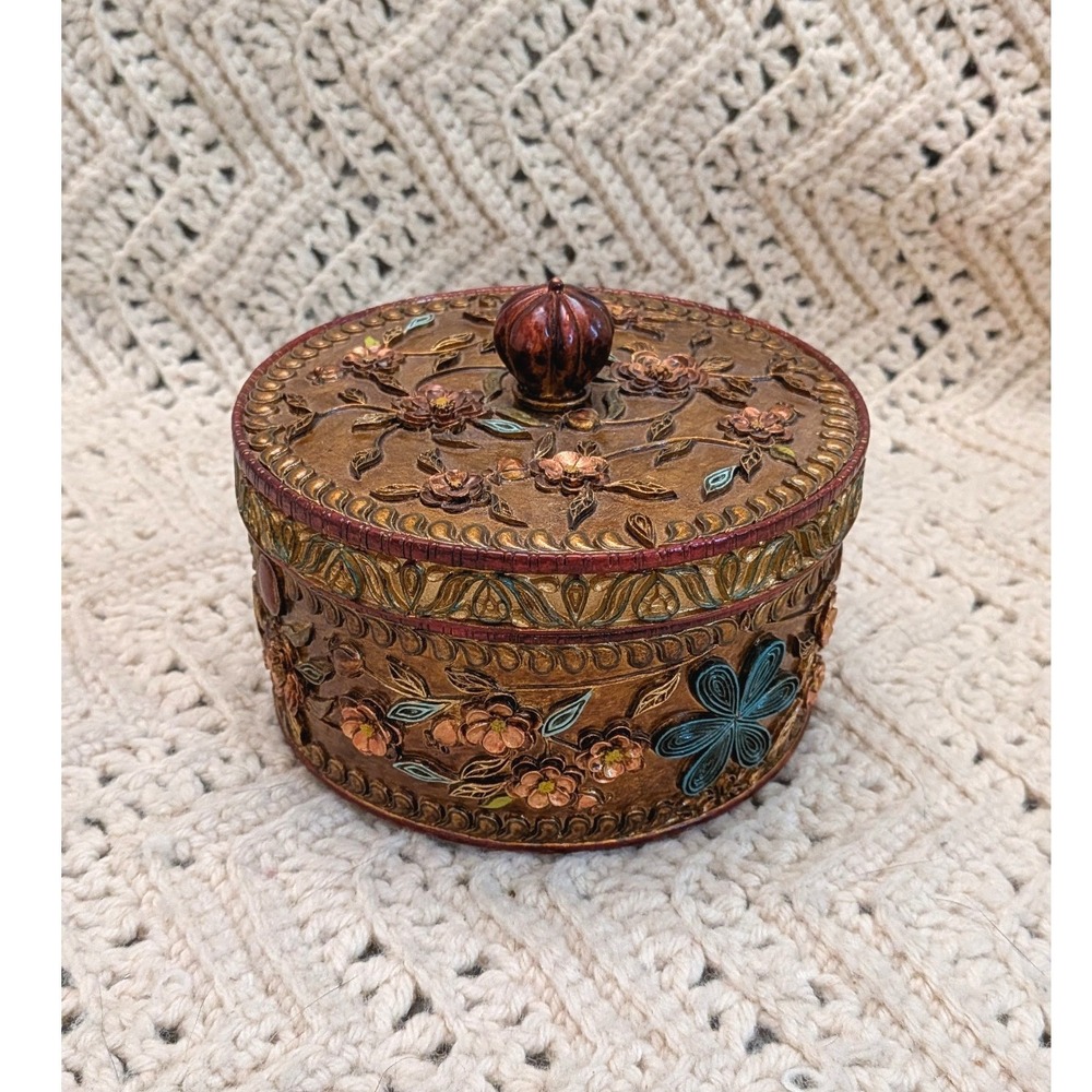 Vintage Style Ornate Floral Trinket Box Bronze Gold Embossed Jewelry Keepsake